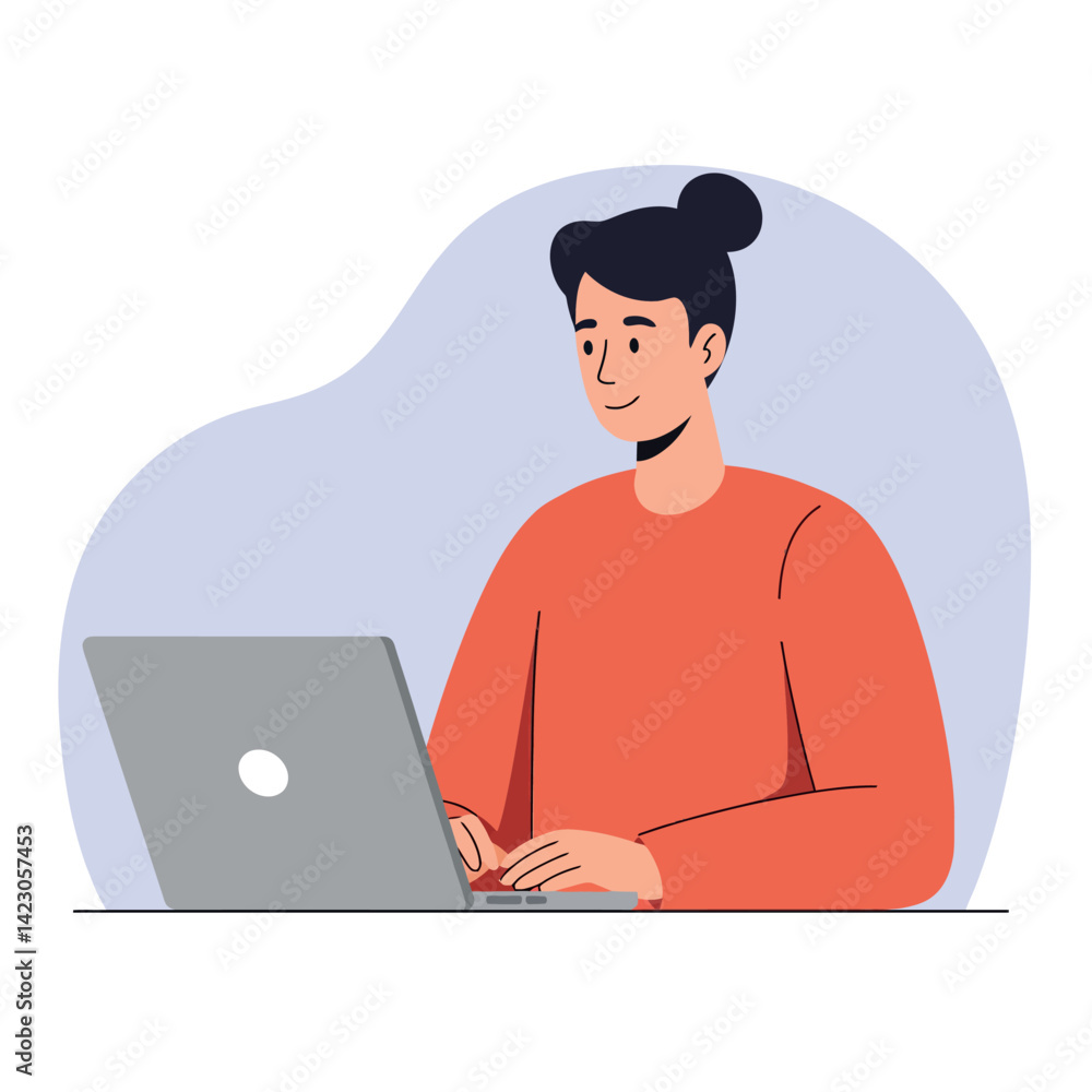Young woman working on laptop computer in casual orange sweater vector illustration for remote work concept Young woman working on laptop computer in casual orange sweater vector illustration for remote work concept