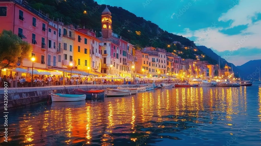 Fototapeta premium Escena romntica del puerto de Porto Venere en la noche, reflejos dorados en el agua y encanto italiano