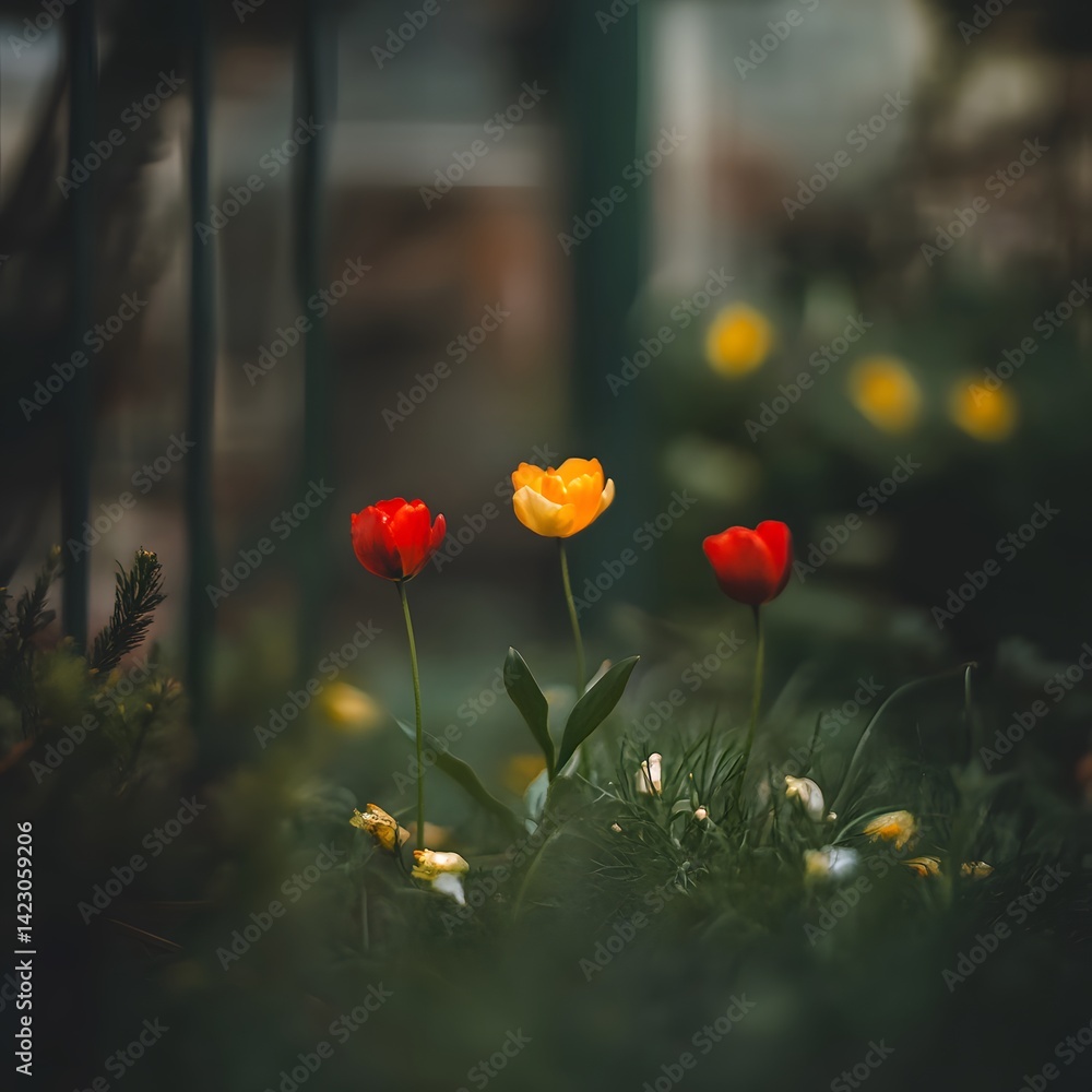 Naklejka premium Vibrant Red and Yellow Tulips in Garden Setting