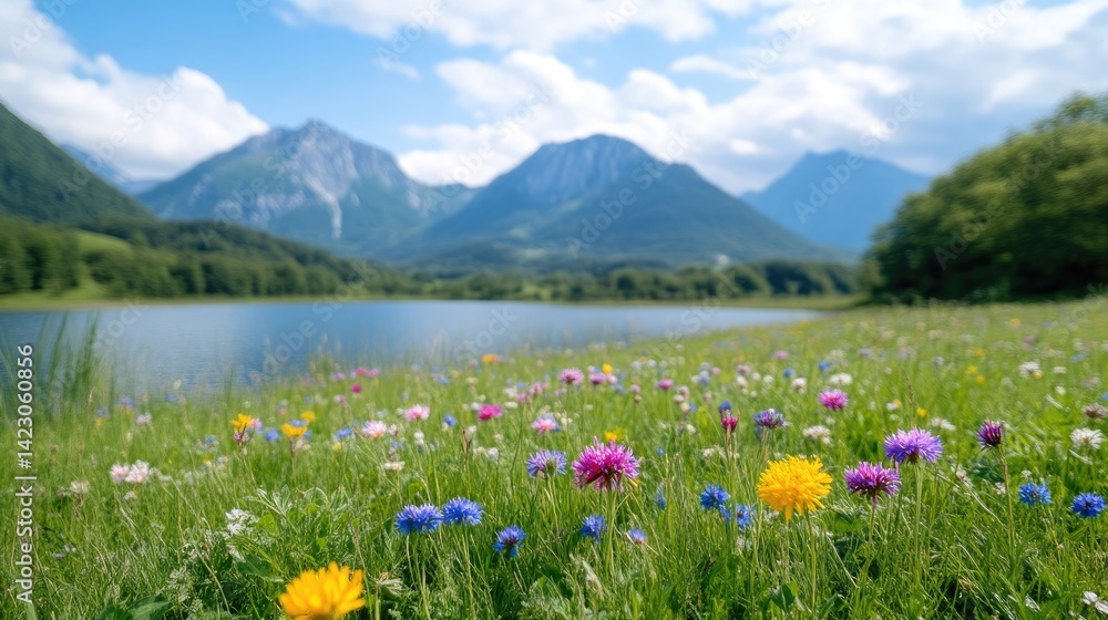 Obraz premium Wildflowers Lake Mountains Vibrant Nature High-resolution Landscape Close-up view Diverse blooms Flourishing meadow Mountain lake backdrop Bright cheerful hues Ideal for travel brochures