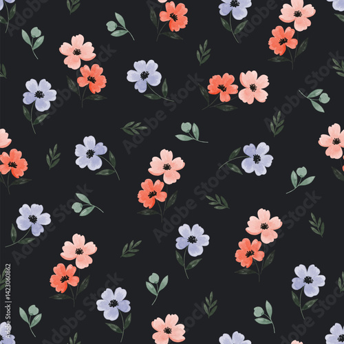 Seamless Watercolor Botanical Flower Pattern – Soft Pastel Bloom and Leaf Design in Dark Background.