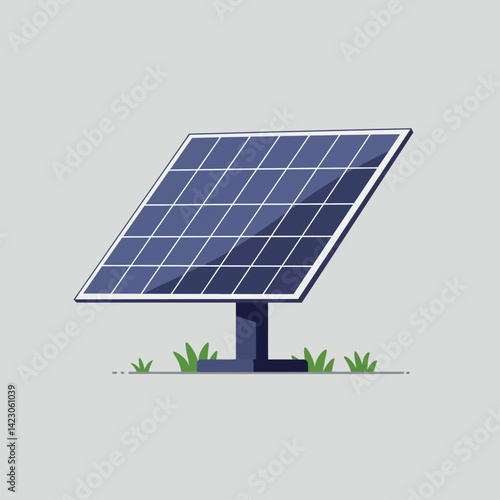 Solar panel energy renewable technology clean power system with blue cells and green grass illustration 