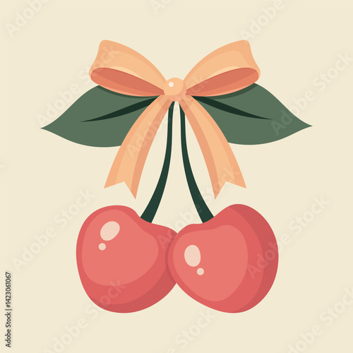 Two cherries with a bow coquette. A charming bow coquette with a pink ribbon and red cherries on a light background. A delightful Valentine's Day present.