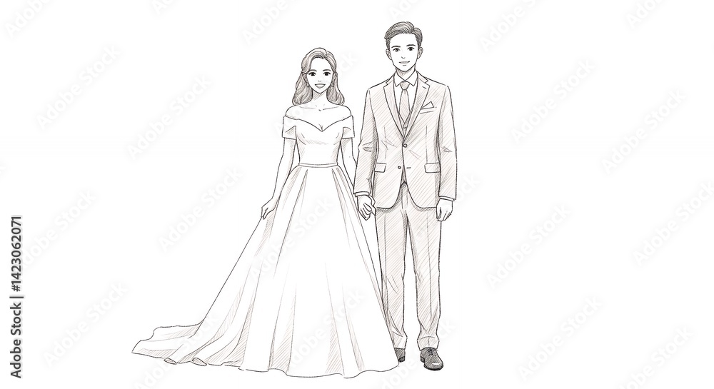 Fototapeta premium Elegant bride and groom wedding sketch romantic couple illustration