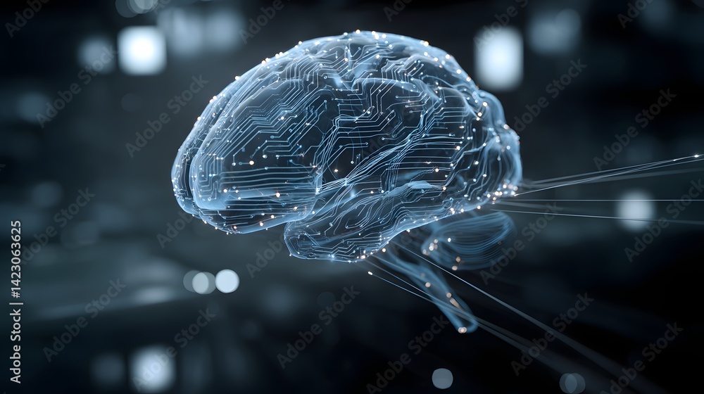 Digital Artificial Intelligence Brain with Glowing Neural Connections in a Cyber Matrix Background