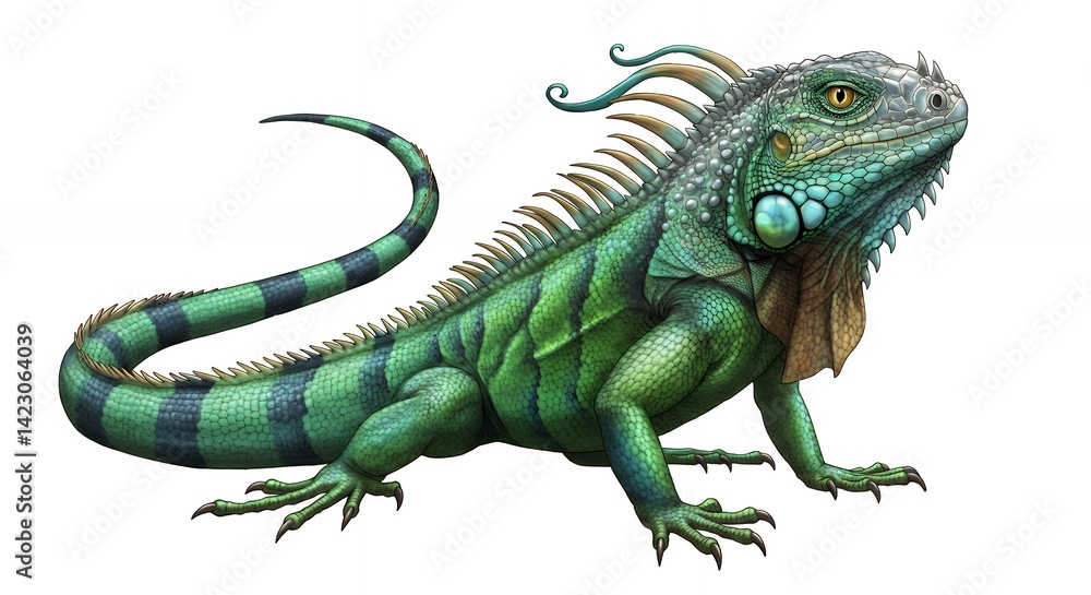 Fototapeta premium Green iguana detailed illustration vibrant scales exotic reptile wildlife