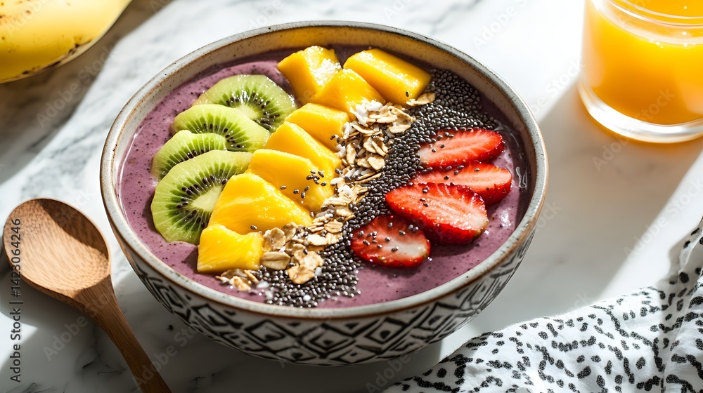 Vibrant Healthy Breakfast Bowl with Tropical Fruits and Chia Seeds