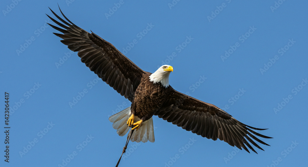 Fototapeta premium Bald Eagle Flying Against Blue Sky with Wings Spread Wide