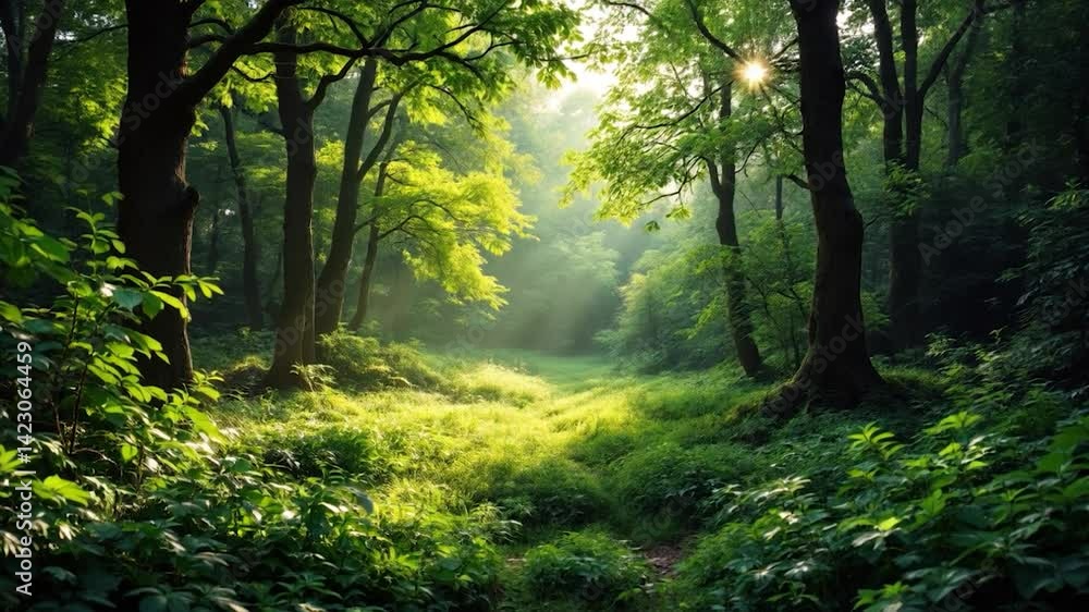 Serene Forest Landscape Lush Green Trees and Vibrant Foliage Under Sunlight, Creating Peaceful Atmosphere for Tranquility and Reflection in Nature. Serene Forest Landscape Lush Green Trees and Vibrant Foliage Under Sunlight, Creating Peaceful Atmosphere for Tranquility and Reflection in Nature.