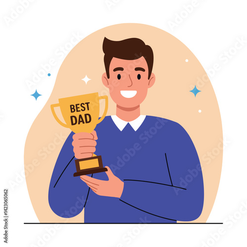 Man holding best dad trophy celebrating father’s day occasion with blue sweater and happy smile vector illustration 