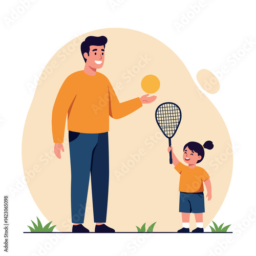 Father and daughter playing tennis together in park with orange clothes and smiling faces family activity fun scene 