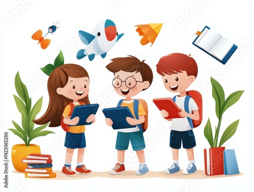 Three cheerful kids exploring ideas with tablets, surrounded by colorful learning elements.