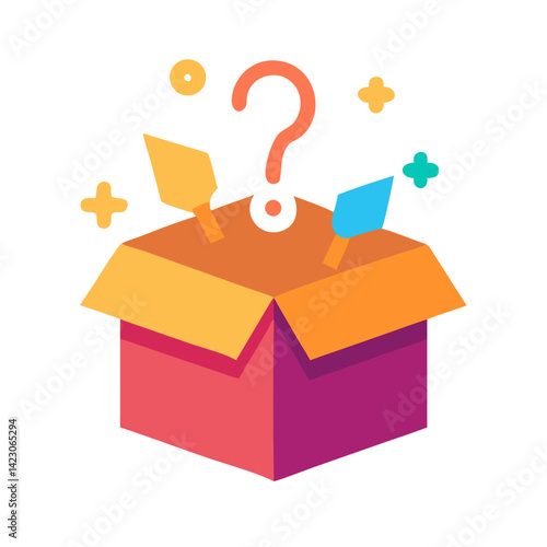 Colorful open mystery box with sparkles and question mark