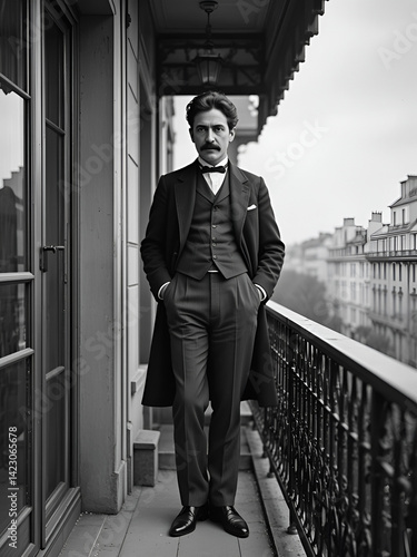 Black and white artistic portrait of Marcel Proust standing on a Parisian balcony in early 20th century style