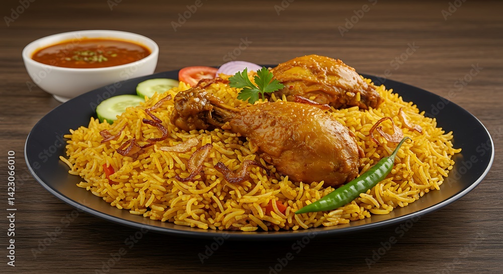 High-Resolution Biryani with Tender Chicken and Beautiful Backdrop High-Resolution Biryani with Tender Chicken and Beautiful Backdrop