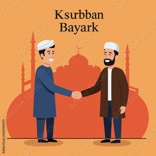 Muslim men shaking hands celebrating Kurban Bayark with mosque silhouette vector illustration 