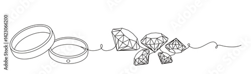 single line art of wedding ring and diamond. symbol of investment and everlasting love. vector illustration