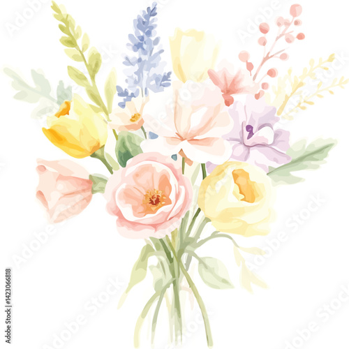 Watercolor Bouquet of Pastel Flowers in a Vase