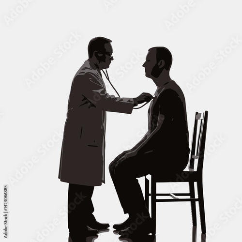 Silhouette of a doctor in a white coat using a stethoscope to examine a patient sitting on a chair against a bright background.
