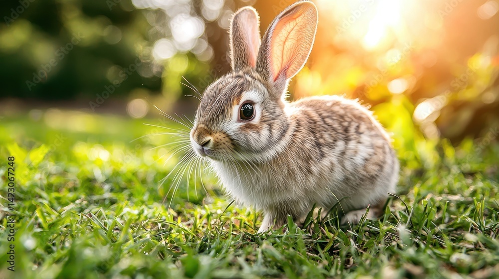 Fototapeta premium Fluffy bunny sits in a grassy field, bathed in sunlight.