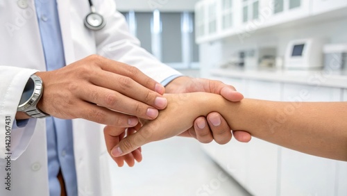 A healthcare professional examining a patient's wrist in a clinical setting, highlighting the importance of medical assessments and patient care.