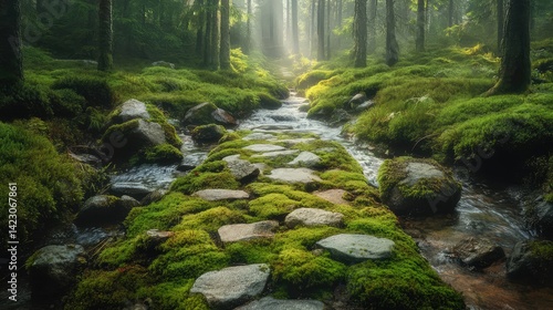 A charming stone path winds through the heart of the park, its surface dotted with moss and fallen leaves.