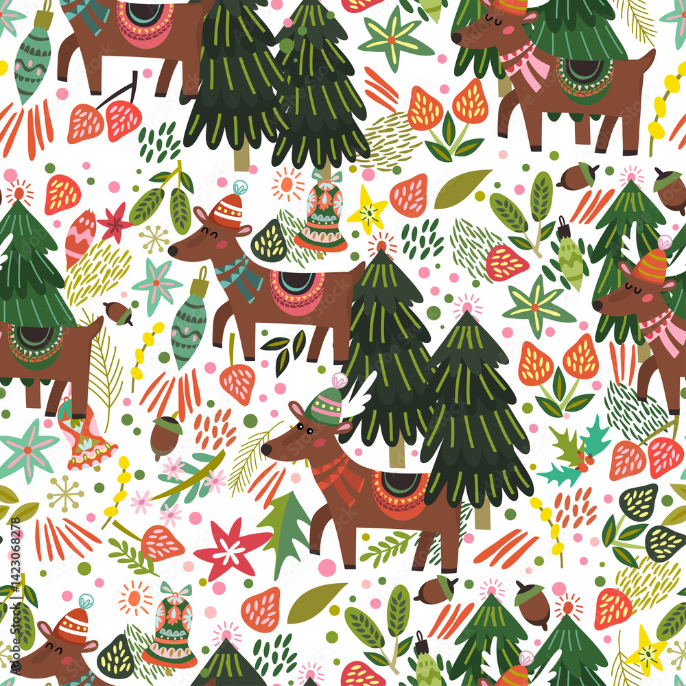 Naklejka premium Festive Christmas Deer Seamless Pattern