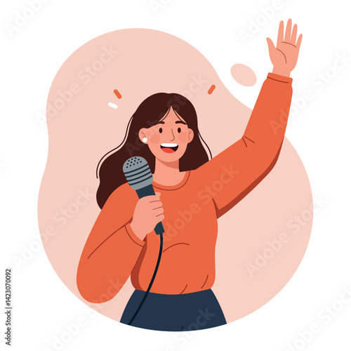 Woman smiling and singing with microphone in hand wearing orange sweater and waving arm vector illustration 