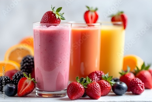 Wallpaper Mural Collection of fresh fruit smoothies. Fruit juices. A refreshing summer beverage. Tropical fruits Torontodigital.ca