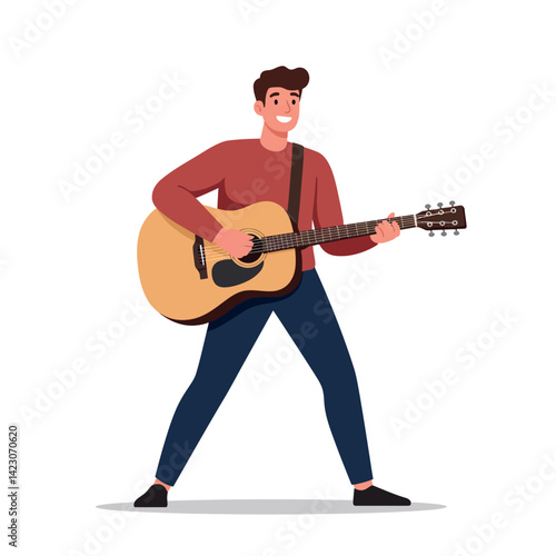 Young man playing acoustic guitar standing and smiling vector illustration for music hobby and leisure activity design 