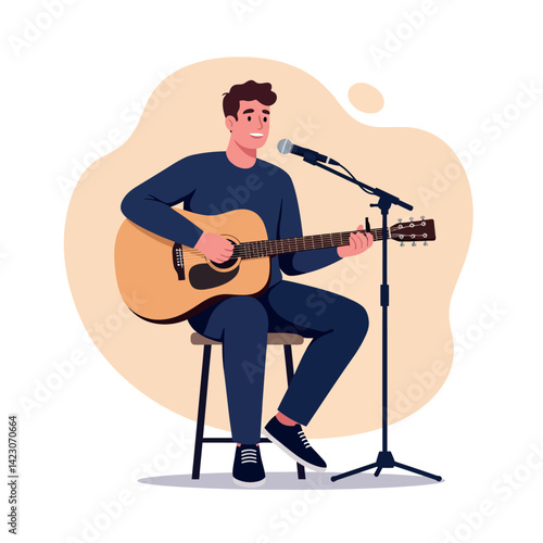 Young man playing acoustic guitar and singing into microphone on stage vector illustration 