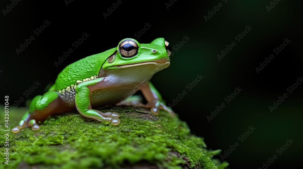 Naklejka premium Vibrant green frog perched on mossy log
