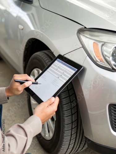A person is inspecting a vehicle using a tablet, checking details while standing next to a silver car in a garage setting.