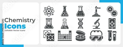Various chemistry icons show lab equipment molecules DNA microscope and test tubes in a scientific technology style