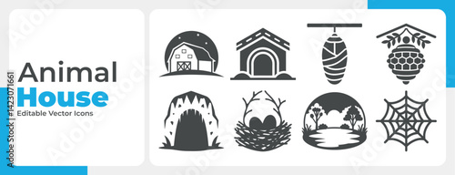 A collection of black silhouette icons showing different animal houses including nests burrows hives webs and natural shelters