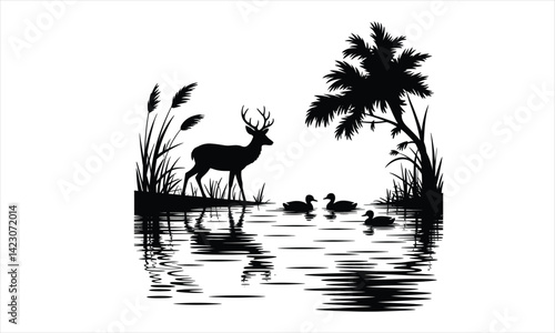 Deer Ducks Lakeside Silhouette Scene