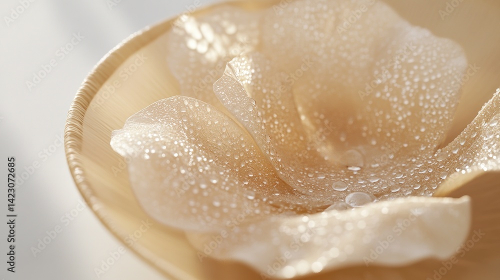 Delicate white petals with water droplets in a woven bowl Delicate white petals with water droplets in a woven bowl