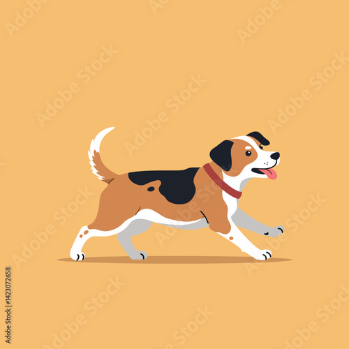 Beagle dog walking happily on yellow background vector illustration in square format for pet lovers and animal care designs 
