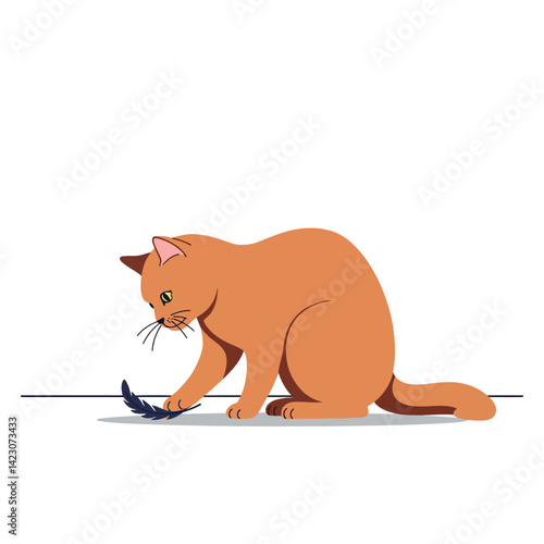 Orange cat playing with black feather vector illustration of curious pet animal on white background