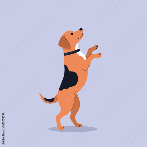 Dog standing on hind legs with black collar on light purple background vector illustration 