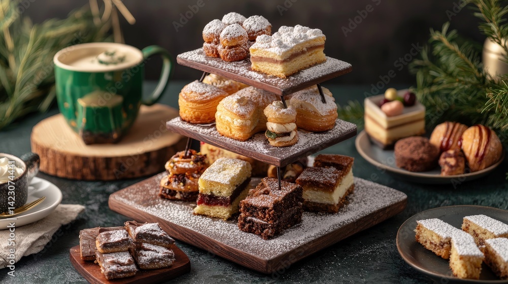 Fototapeta premium A beautifully arranged display of assorted pastries and desserts, accompanied by a festive green mug, creating a cozy and inviting atmosphere.