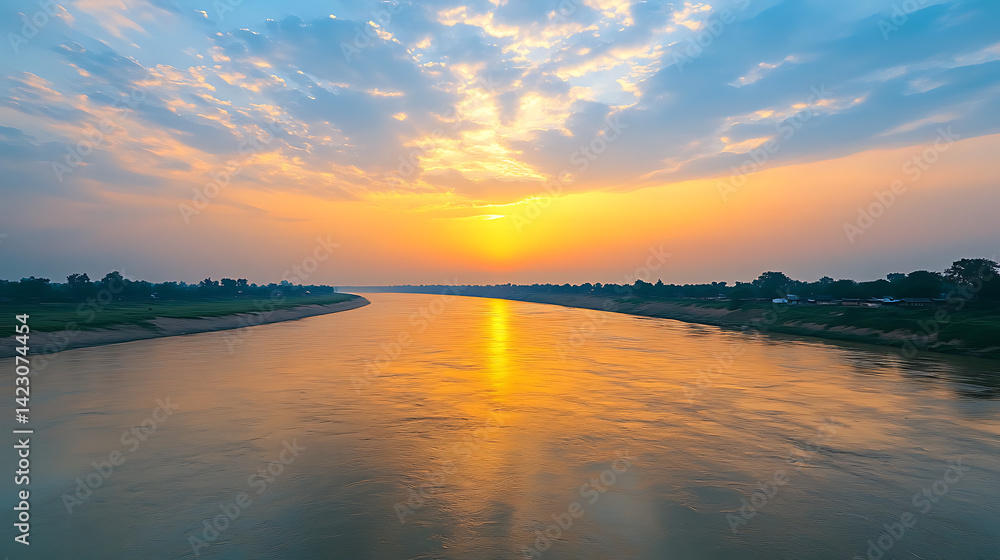 Obraz premium Beautiful river landscape with stunning sunset and reflections of clouds at dusk