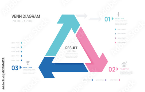 Venn diagram infographic arrow geometric chart template for business start up presentation vector illustration.
