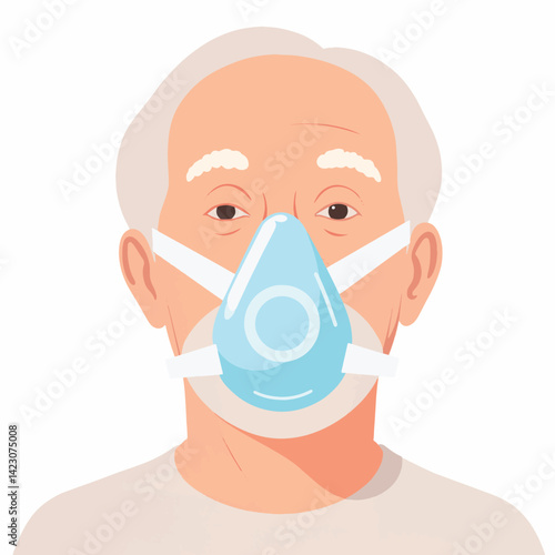 Elderly man wearing oxygen mask on pure white background, health concept