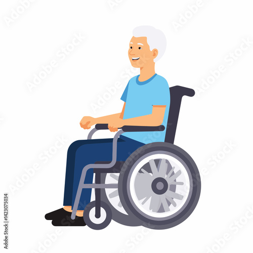 Joyful senior in wheelchair smiling against white background, positivity