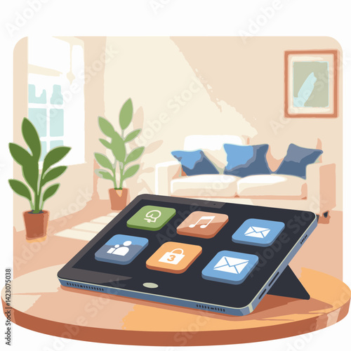 Modern tablet displaying news icons on wooden table, digital lifestyle