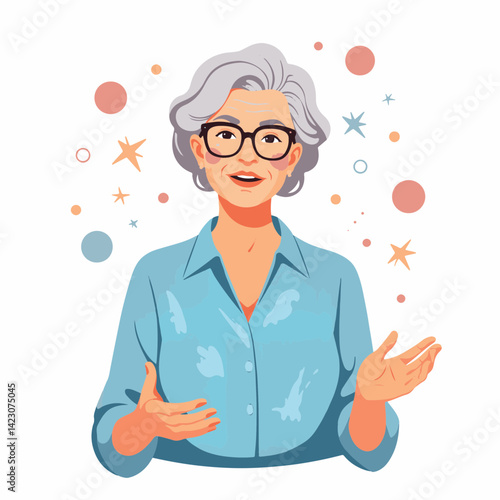 Elderly woman expressing wisdom with abstract shapes, communication concept
