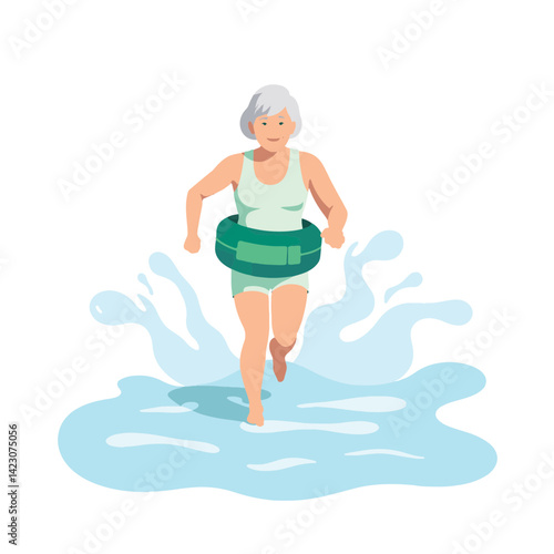 Elderly woman enjoying aqua jogging in soft pastel water, wellness