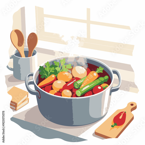 Colorful vegetable pot steaming on kitchen counter, culinary freshness
