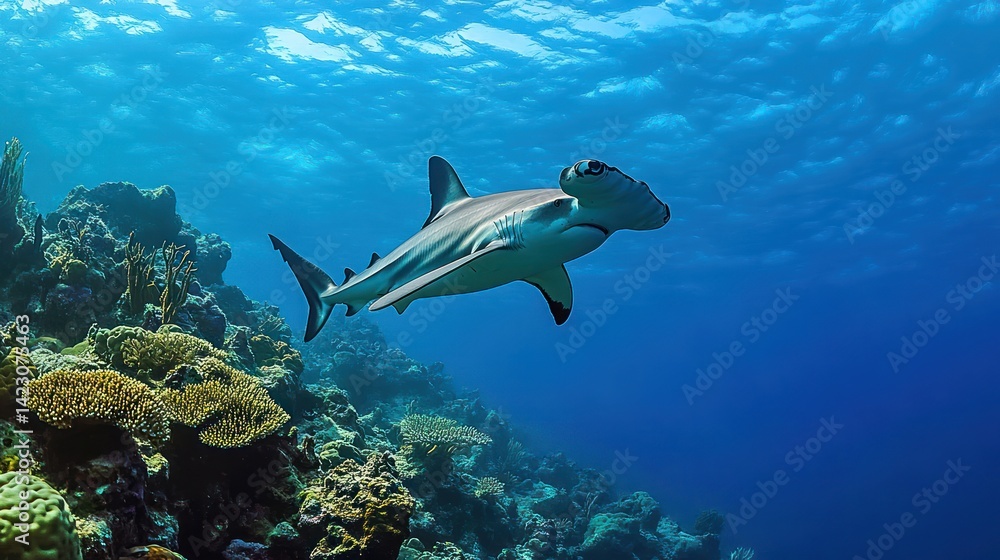 Fototapeta premium Magnificent Hammerhead Shark gracefully gliding through a vibrant coral reef